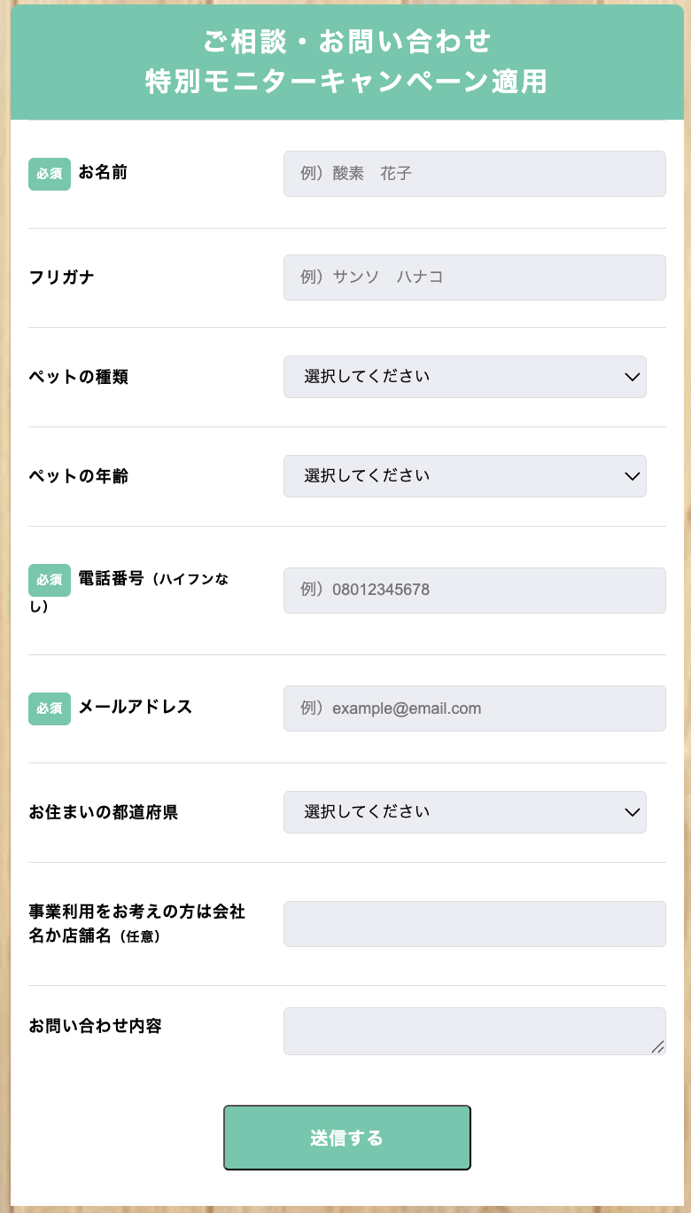 申し込みフォーム(特別モニターキャンペーン適用)